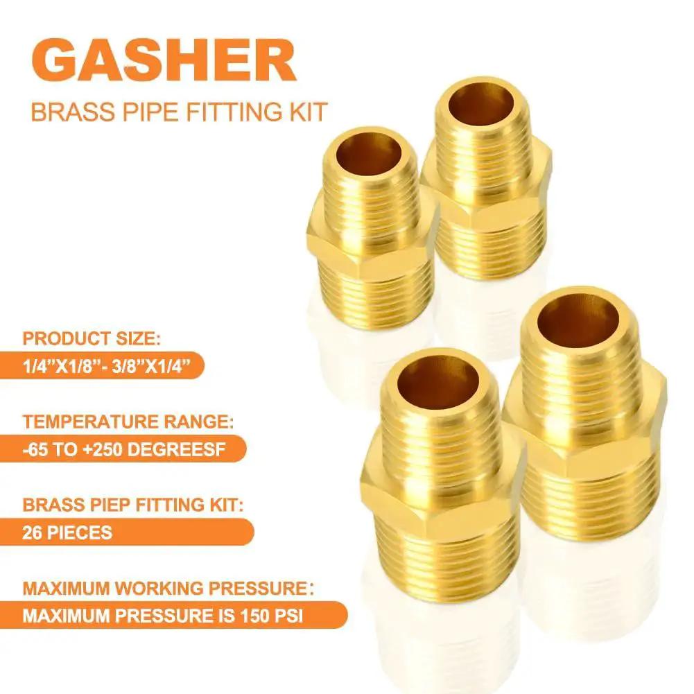 Four brass fittings from Brass Pipe Fitting Kit 26 Piece With Hex Bushing Reducer Adapter Hex Nipple And 90 Degree Street Elbow Barstock.