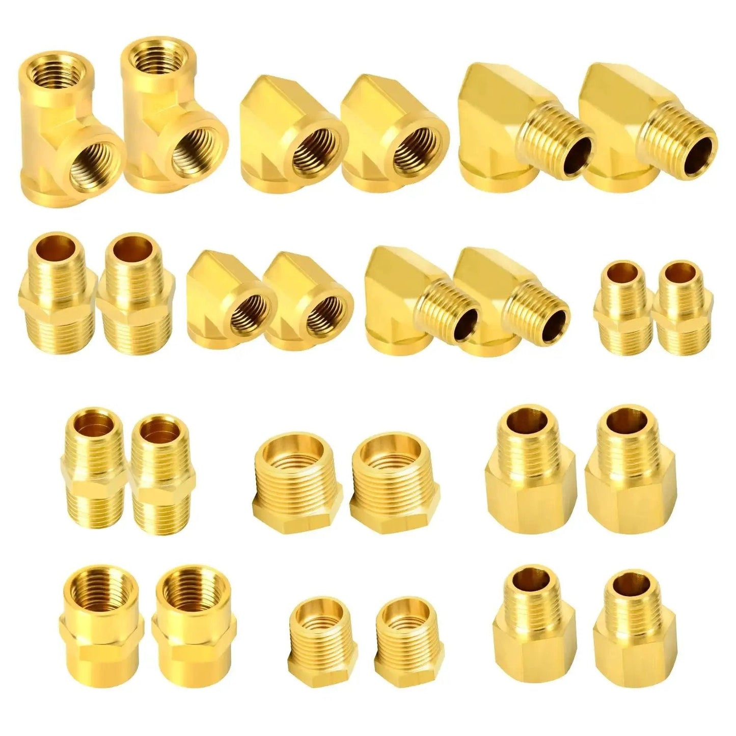 Brass Pipe Fitting Kit 26 Piece With Hex Bushing Reducer Adapter Hex Nipple And 90 Degree Street Elbow, corrosion resistant brass.