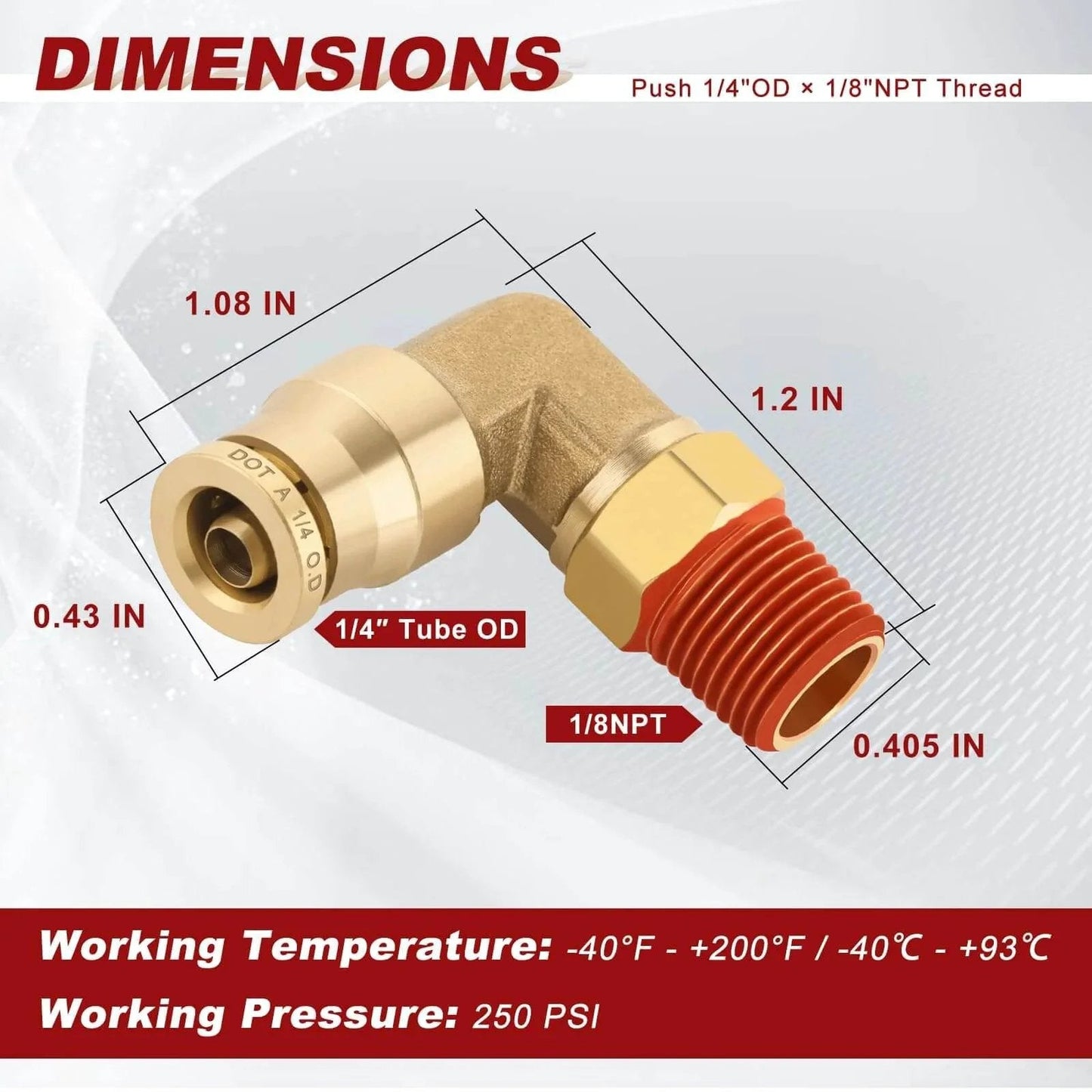 Diagram of Brass Quick Push To Connect Fittings One Quarter Inch Tube OD To One Eighth Inch NPT Thread 90 Degree Swivel Elbow Union