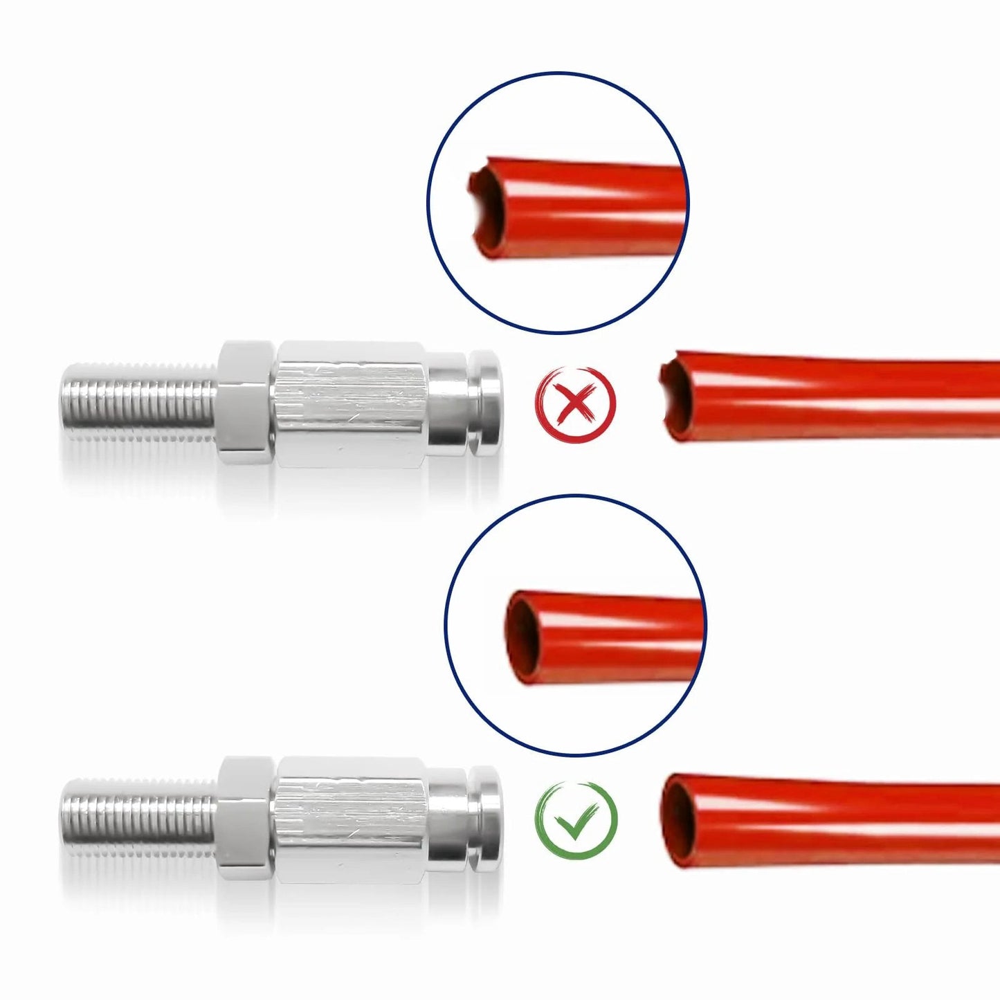 Inflation Schrader Valve With Push To Connect For 1/4 Inch OD Air Line Tubing And Air Ride Suspension On Semi Trucks And Trailers, Brass Fittings, 2 Pack, Easy Manual Inflation Point For Air Spring Bags showing correct vs incorrect air line connection.