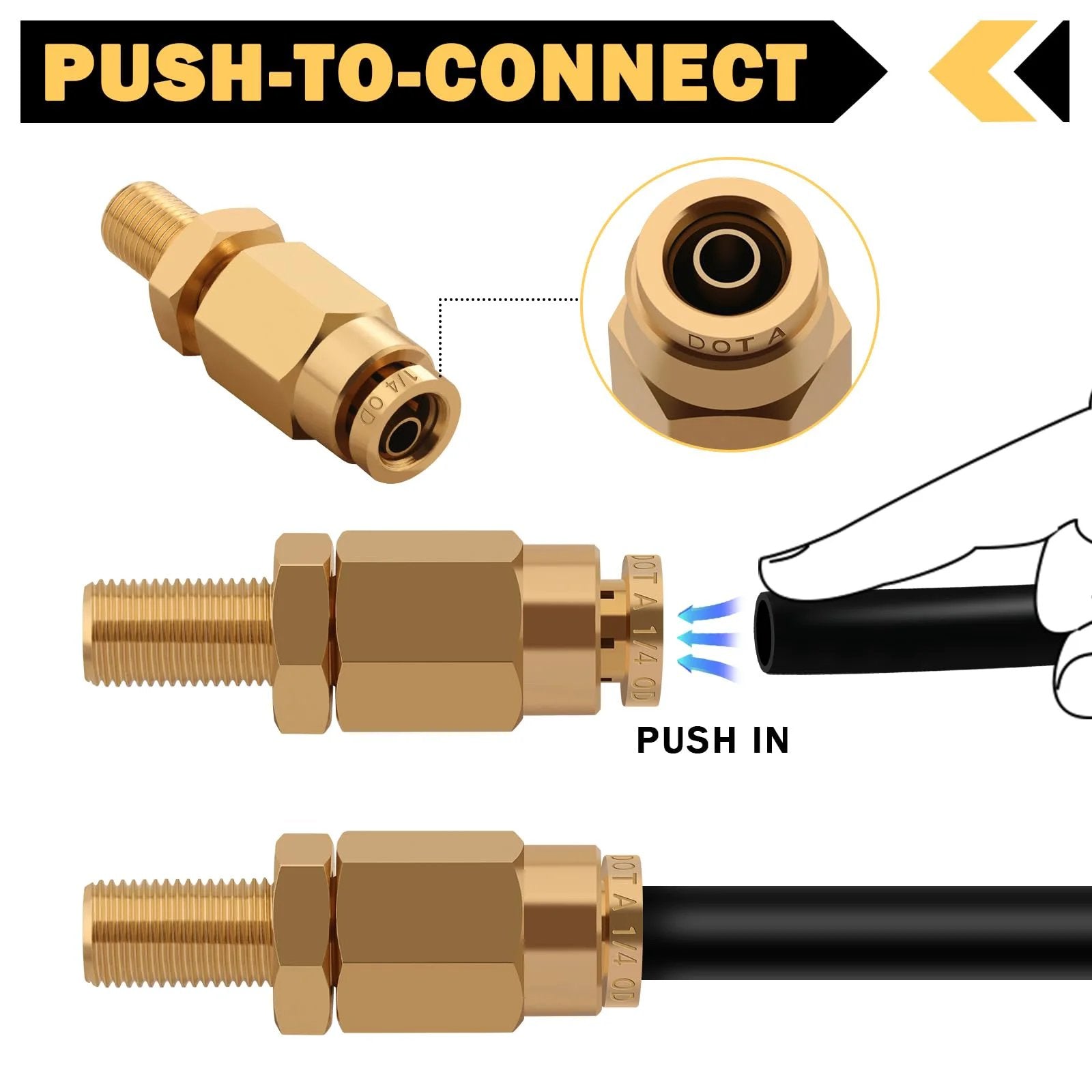 Inflation Schrader Valve With Push To Connect For One Quarter Inch Air Line Tubing and Air Spring Suspension On Semi Truck Trailer Tractor DOT Certified Brass No Leak Construction For Heavy Duty Use Performance, showing push-to-connect feature.