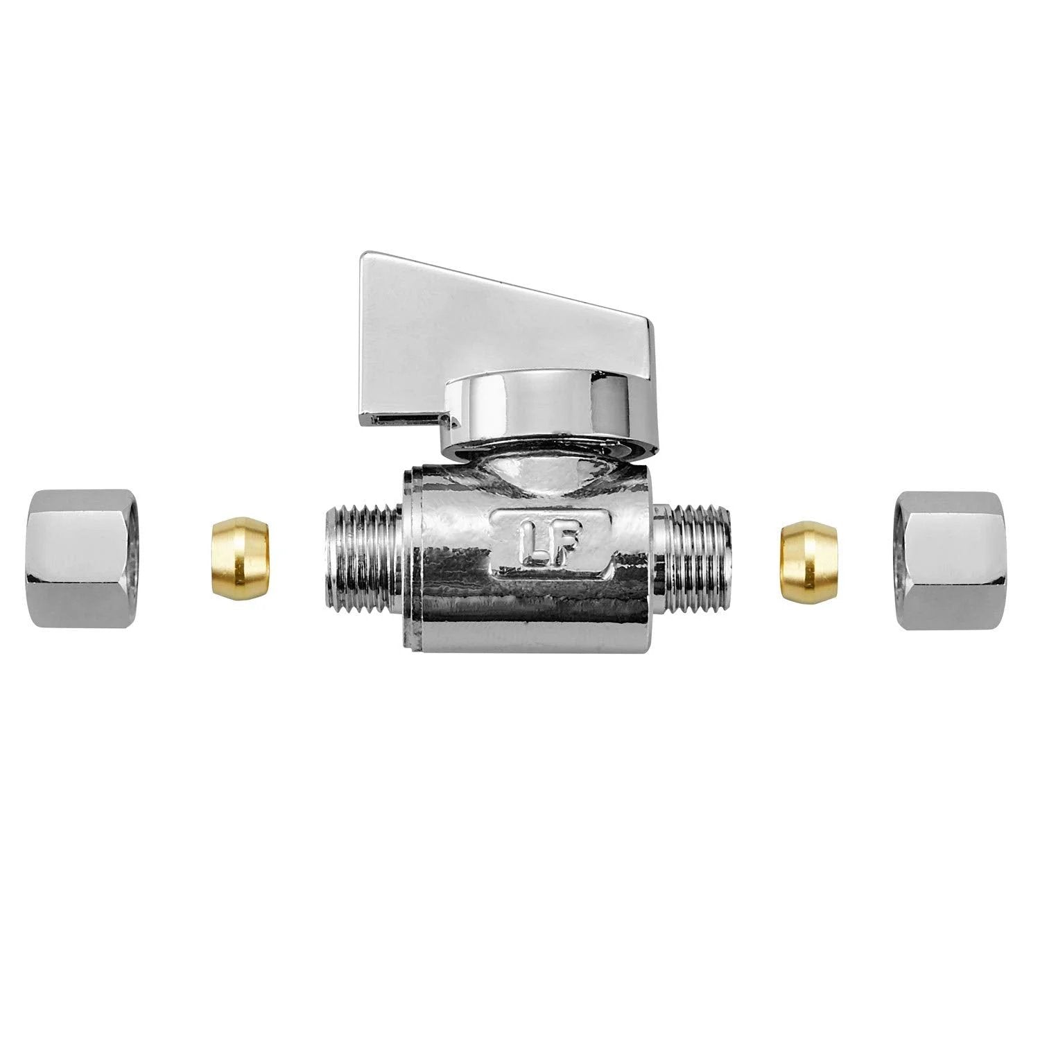 Premium Brass Quarter Inch Compression To Quarter Inch Compression Angle Valve Two Pack Quarter Turn Water Supply Valves Chrome Plated For Rust Resistance Durable Brass Construction Low Lead Certified Great For Home Plumbing Projects close-up view of chrome-plated valve with nuts