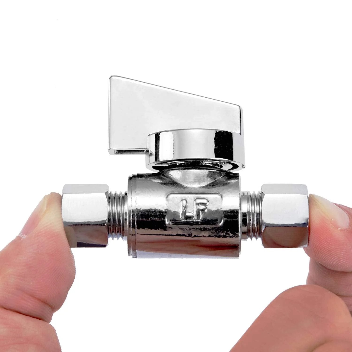 Premium Brass Quarter Inch Compression To Quarter Inch Compression Angle Valve Two Pack Quarter Turn Water Supply Valves chrome plated close-up in hand.