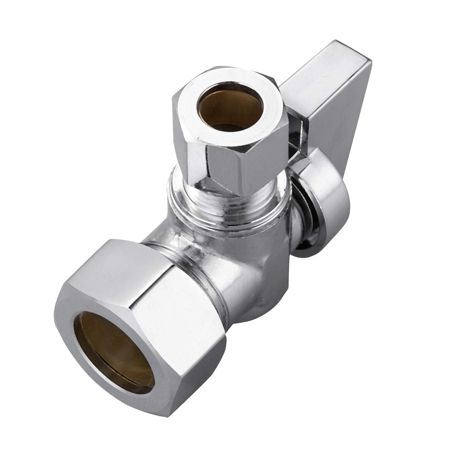 Premium Brass Quarter Turn Angle Stop Valve Set For Faucets And Toilets, Easy Install, side view with chrome plated finish.