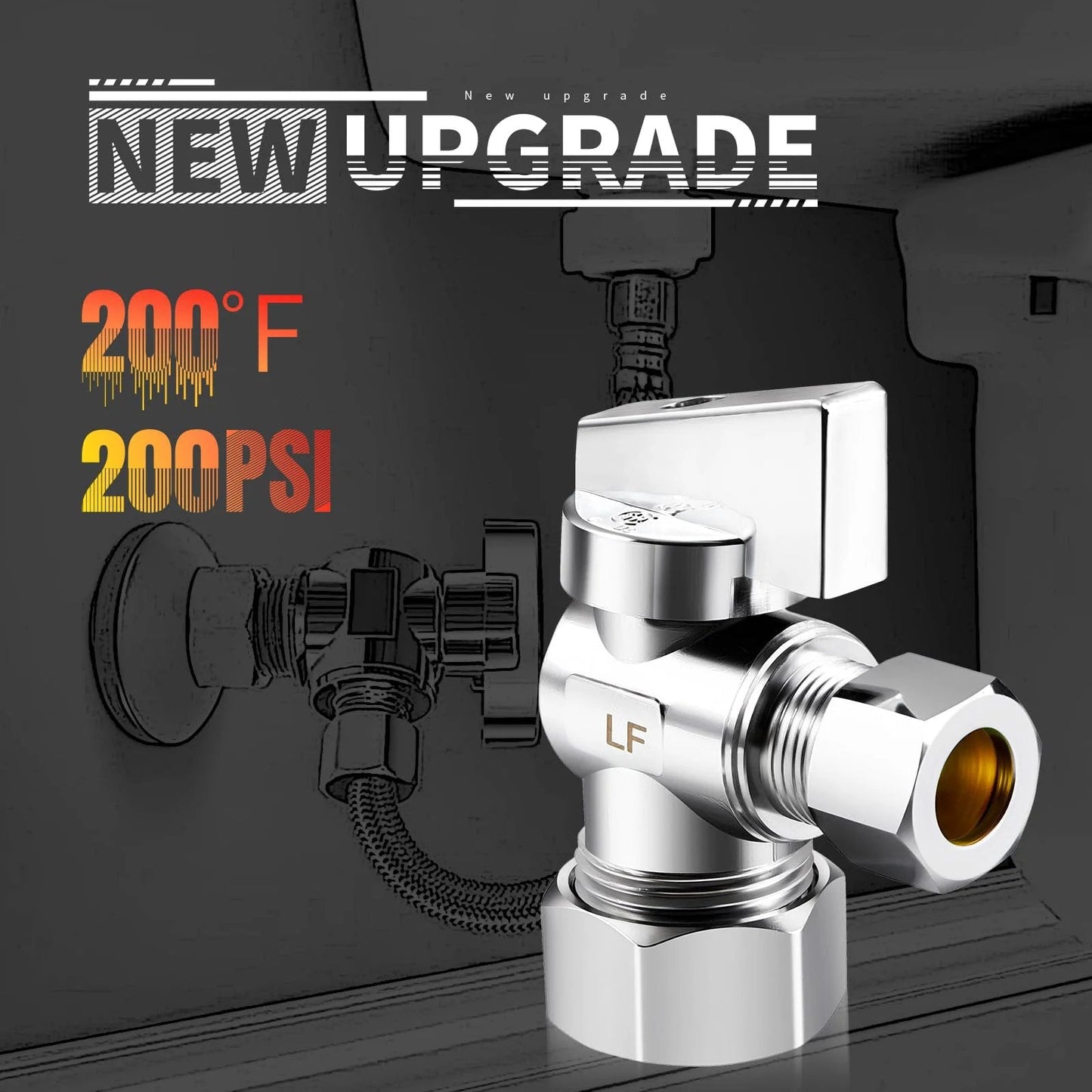 Premium Brass Quarter Turn Angle Stop Valve Set For Faucets And Toilets, Easy Install, One Half Inch Nominal Compression Inlet, Chrome Plated Finish, close-up view.