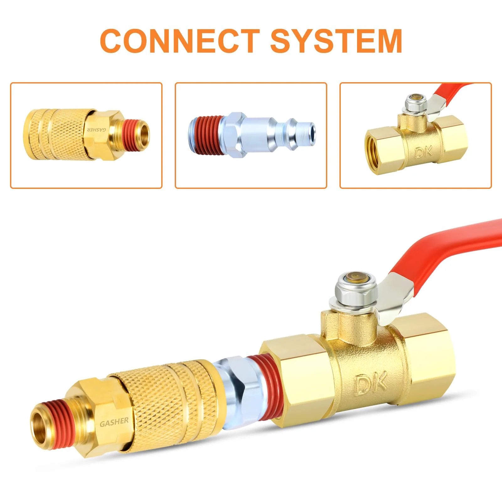 Durable Brass 1/4 Inch Quick Connect Air Coupler Set, Two Pieces With 1/4 Inch NPT Male Threads, Industrial Grade, Corrosion Resistant, Long Lasting, Interchangeable With Most Brands, Yellow Finish by GASHER showing side view of couplers connected.