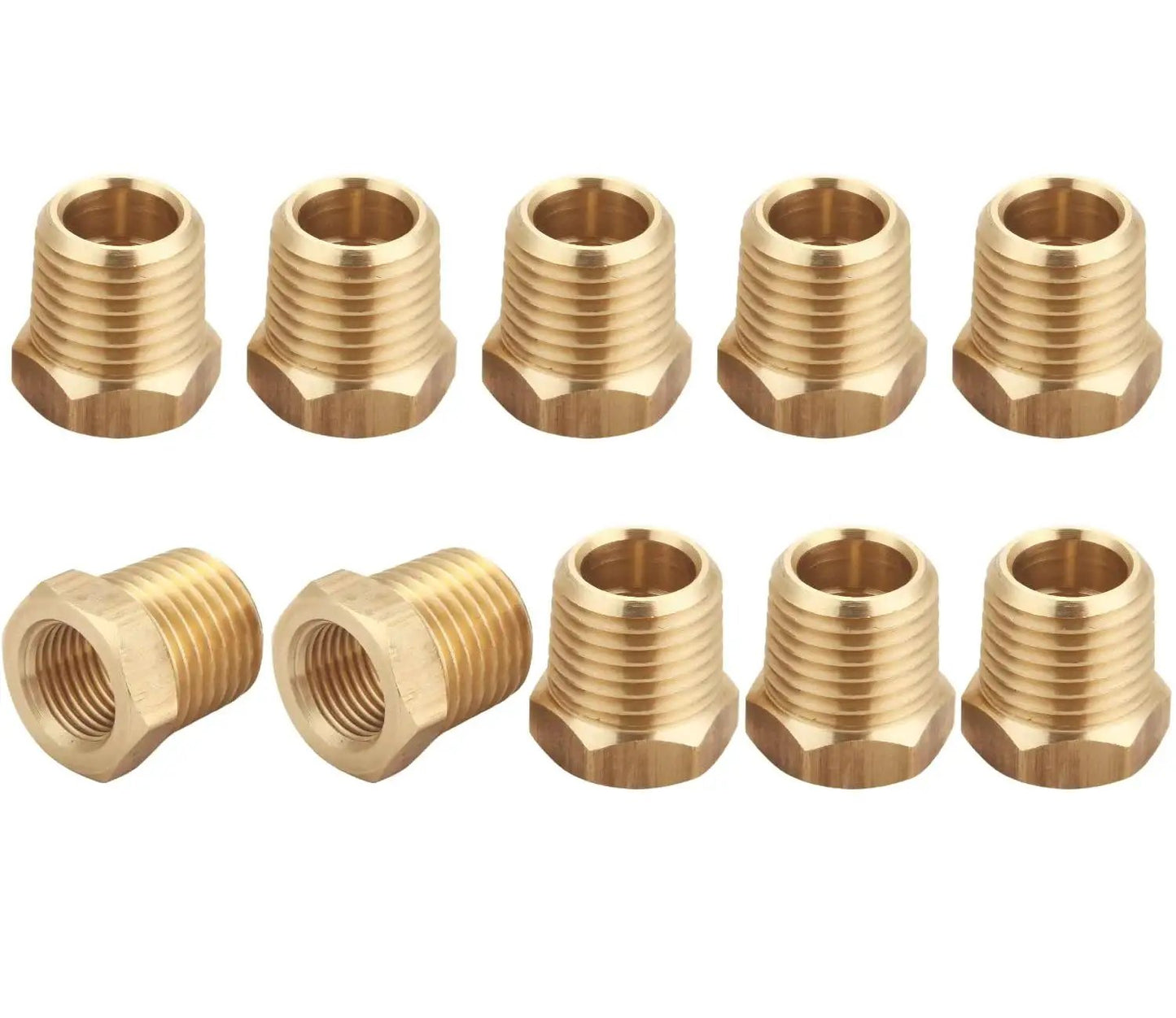 Beefy Brass Reducer Hex Bushing Set One Quarter NPT Male To One Eighth NPT Female Threads, 10 Piece Pack