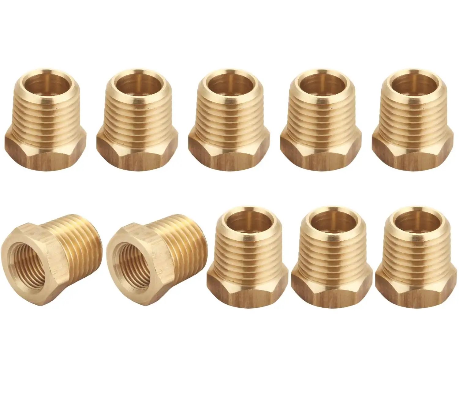 Beefy Brass Reducer Hex Bushing Set One Quarter NPT Male To One Eighth NPT Female Threads, 10 Piece Pack