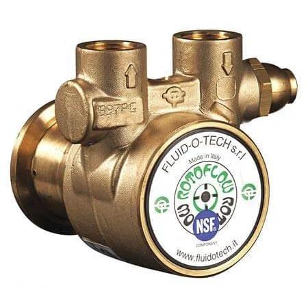 Front view of a brass rotary vane pump, Fluid-O-Tech brand, with 3/8 NPTF inlet/outlet and bypass, designed for fluid transfer systems.