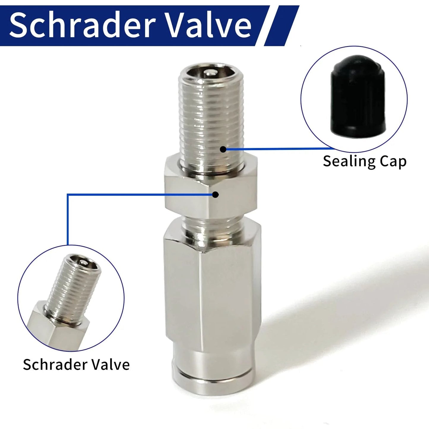 Inflation Schrader Valve With Push To Connect For 1/4 Inch OD Air Line Tubing And Air Ride Suspension On Semi Trucks And Trailers, Brass Fittings, 2 Pack, Easy Manual Inflation Point For Air Spring Bags - close-up view with sealing cap.