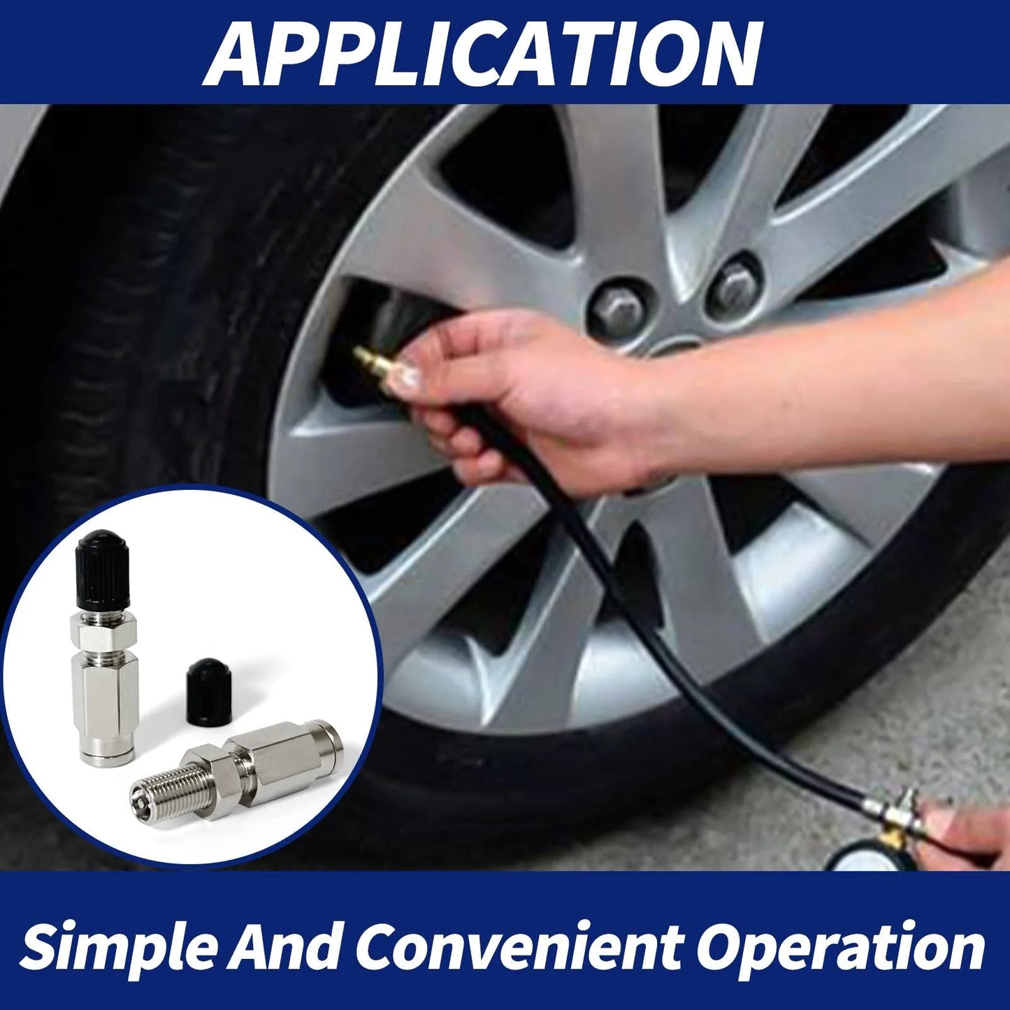Person manually inflating a tire using an Inflation Schrader Valve With Push To Connect For 1/4 Inch OD Air Line Tubing And Air Ride Suspension On Semi Trucks And Trailers, Brass Fittings, 2 Pack, Easy Manual Inflation Point For Air Spring Bags.