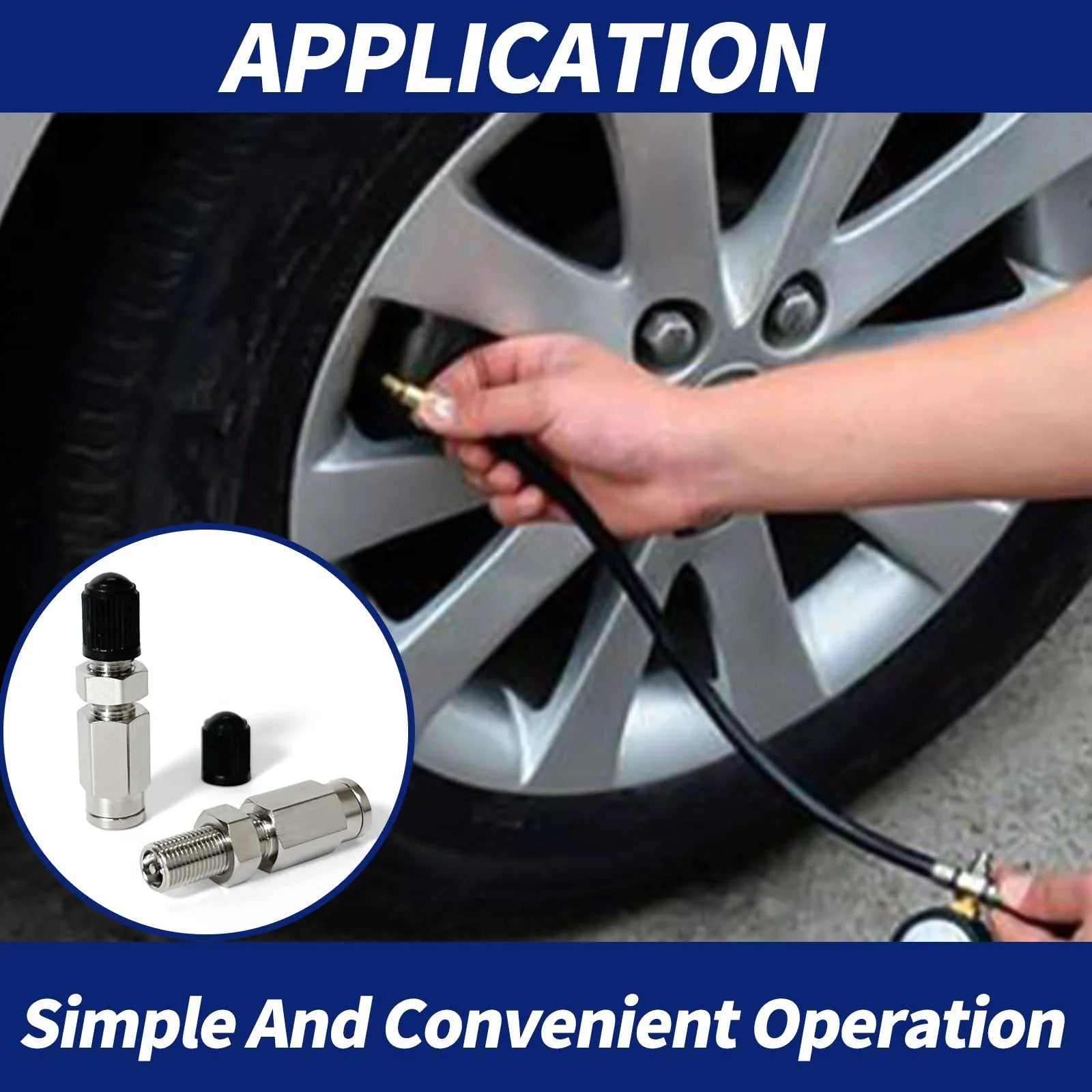 Person manually inflating a tire using an Inflation Schrader Valve With Push To Connect For 1/4 Inch OD Air Line Tubing And Air Ride Suspension On Semi Trucks And Trailers, Brass Fittings, 2 Pack, Easy Manual Inflation Point For Air Spring Bags.