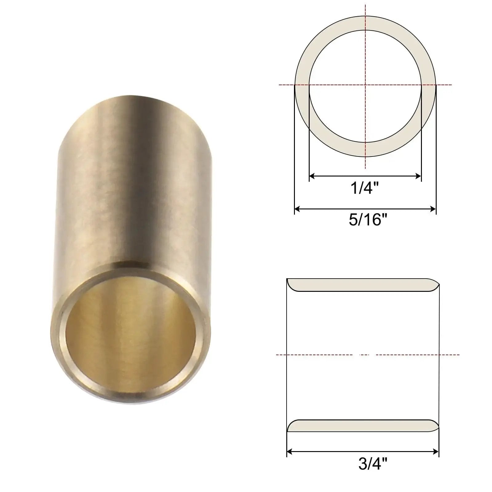 Diagram and perspective view of five piece sleeve bearings with one quarter inch bore and five sixteenth inch outer diameter, cast brass.