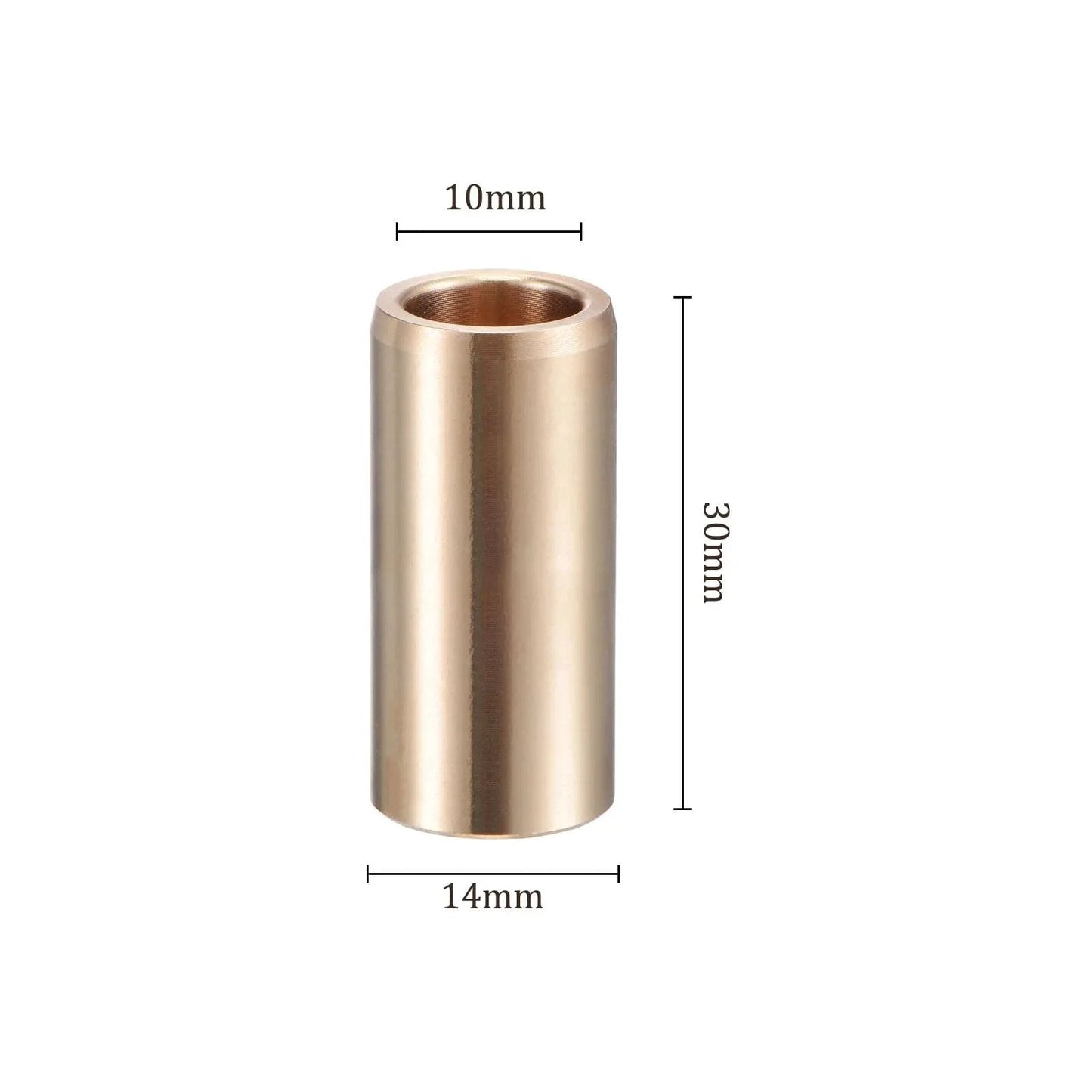 Oilless Brass Sleeve Bearing 10mm X 14mm X 30mm for equipment and machinery use, gold tone, showing dimensions and cylindrical design.