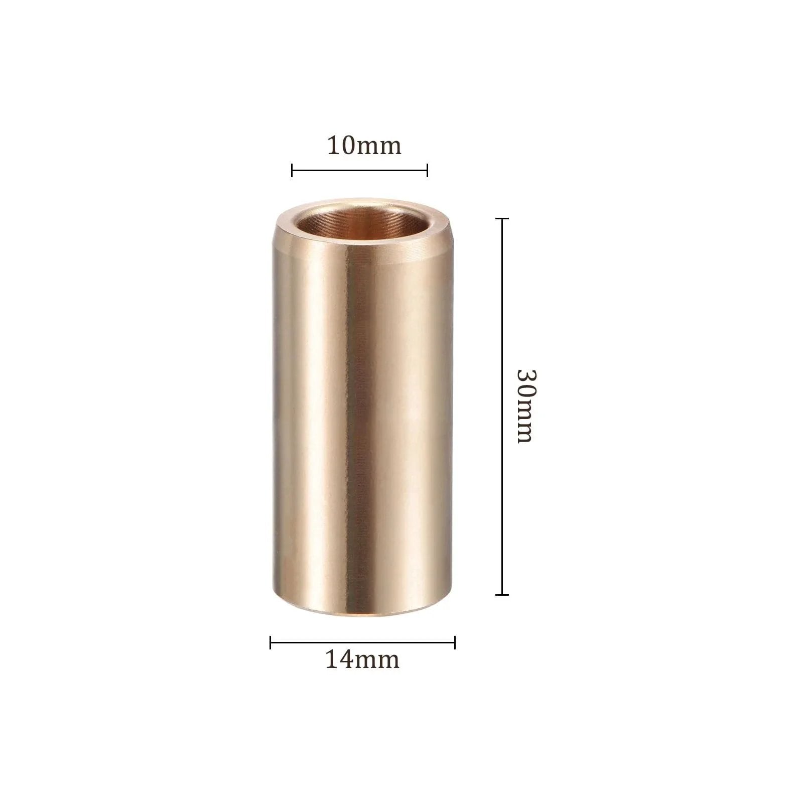 Oilless Brass Sleeve Bearing 10mm X 14mm X 30mm for equipment and machinery use, gold tone, showing dimensions and cylindrical design.