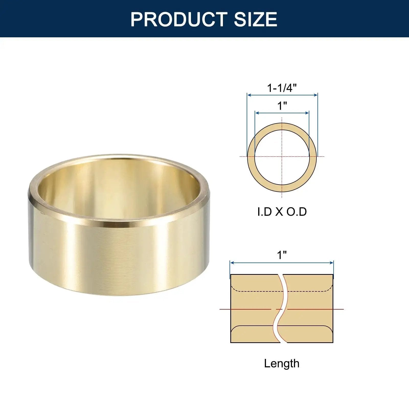 Diagram showing Brass Sleeve Bearing with 1 Inch Bore And A Quarter Inch Outer Diameter And 1 Inch Length Self Lubricating Bushing