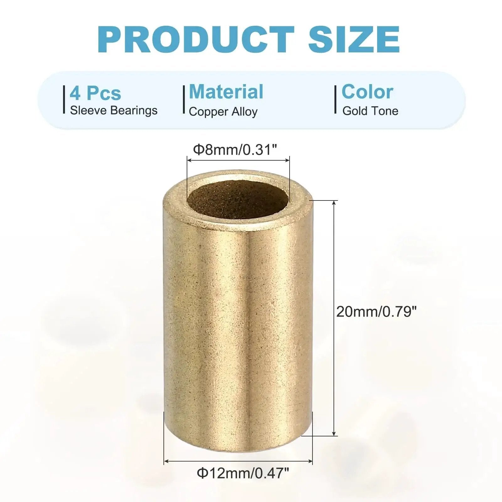 Self Lubricating Cast Brass Sleeve Bearings 8mm Bore x 12mm OD x 20mm Length Pack Of 4, gold tone, for machinery use, product size chart
