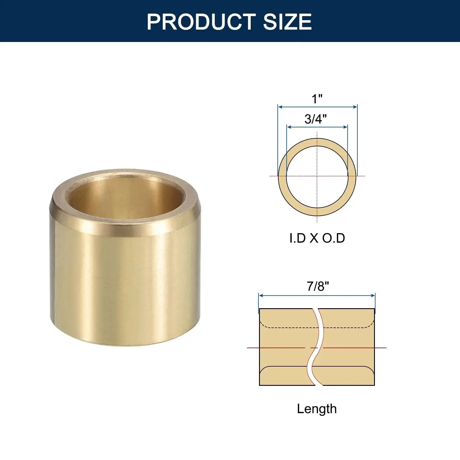 Brass Sleeve Bearing Set Three Quarters Inch Bore One Inch Outer Diameter Seven Eighths Inch Length Self Lubricating Plain Shaft Bearings 2 Pack Cast Brass Bushings Durable For Motors Tools And Machinery With High Wear And Corrosion Resistance with dimensions displayed in diagram