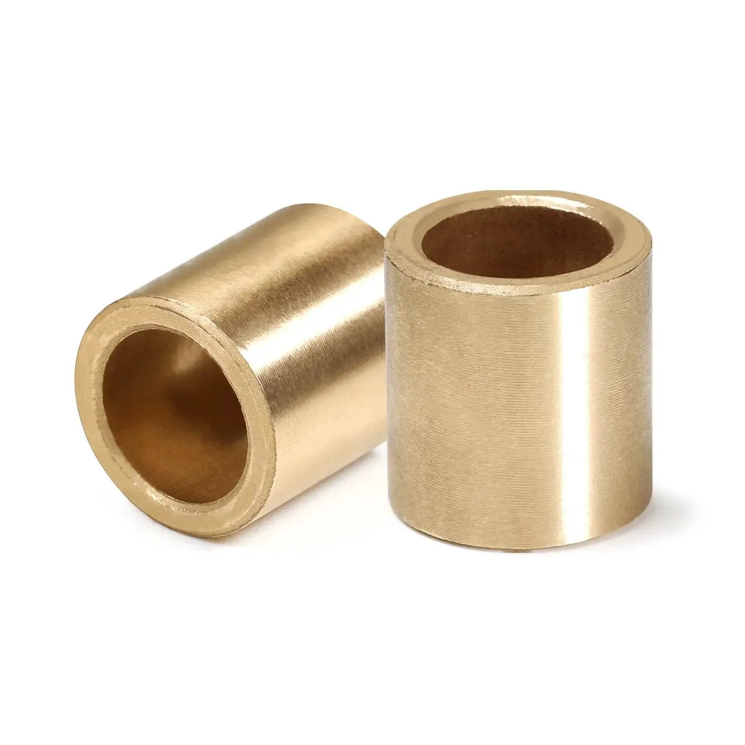 Two brass sleeve bearings from a ten pack with one quarter inch bore, two fifths inch outer diameter and length, self-lubricating oilless bushing.