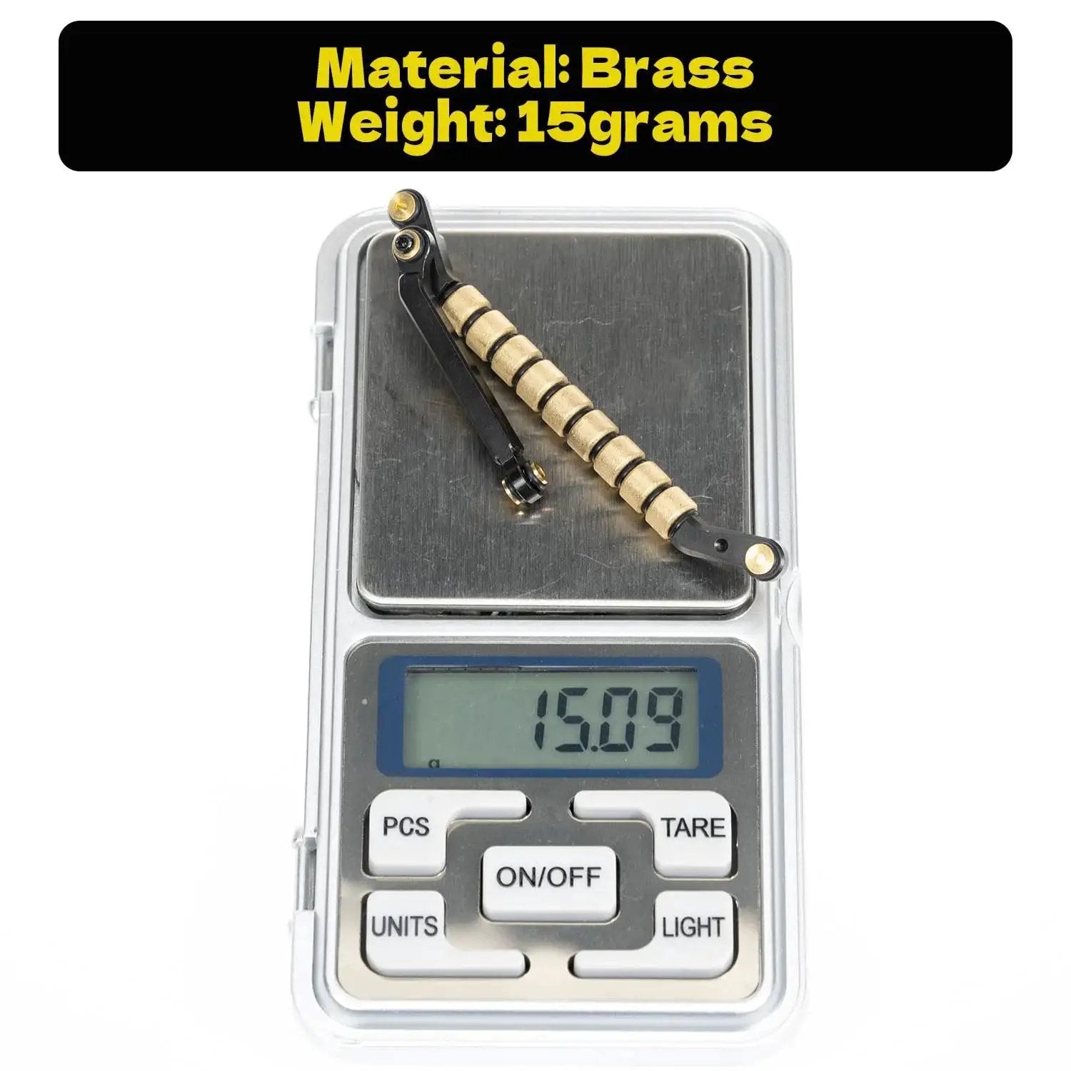 Copper Sleeve Bearing Steering Link Kit For SCX24 And AX24 on scale, showing brass material and 15.09 grams weight measurement
