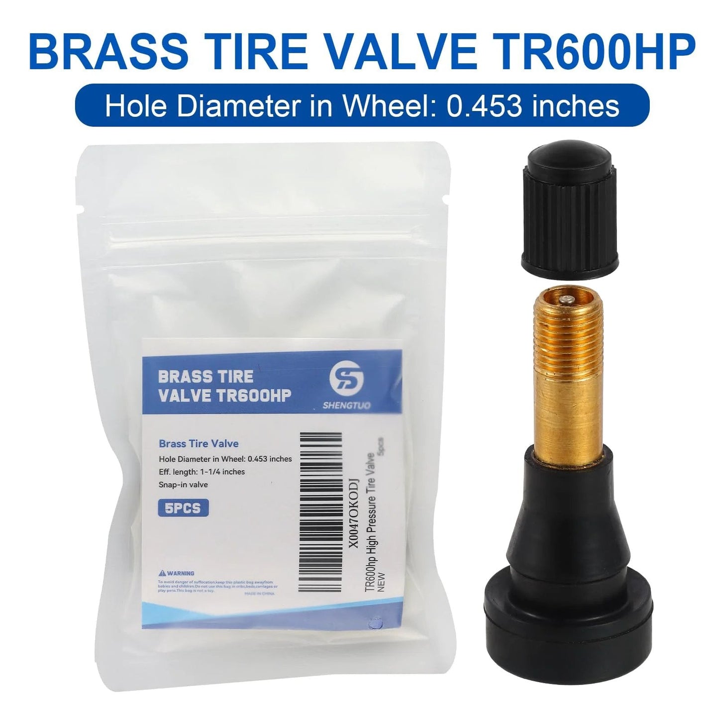 Premium TR600HP Snapin High Pressure Tire Valve Stems For 0.453 Inch Tubeless Rim Holes side view with packaging.