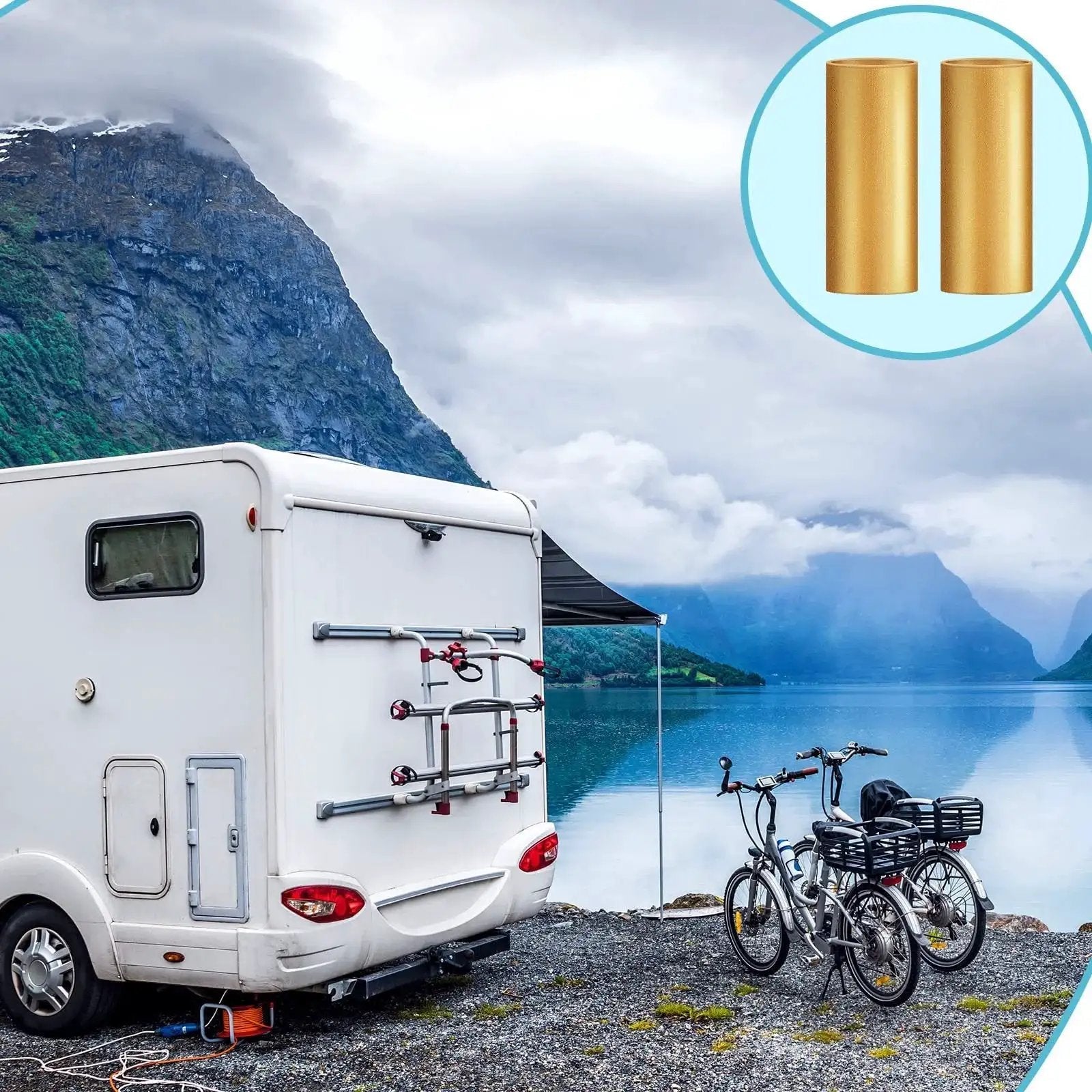 Trailer Leaf Spring Bushing Kit 16 Piece Bronze Shackle Bushings For Trailer Axle Replacement showcased with scenic mountain backdrop