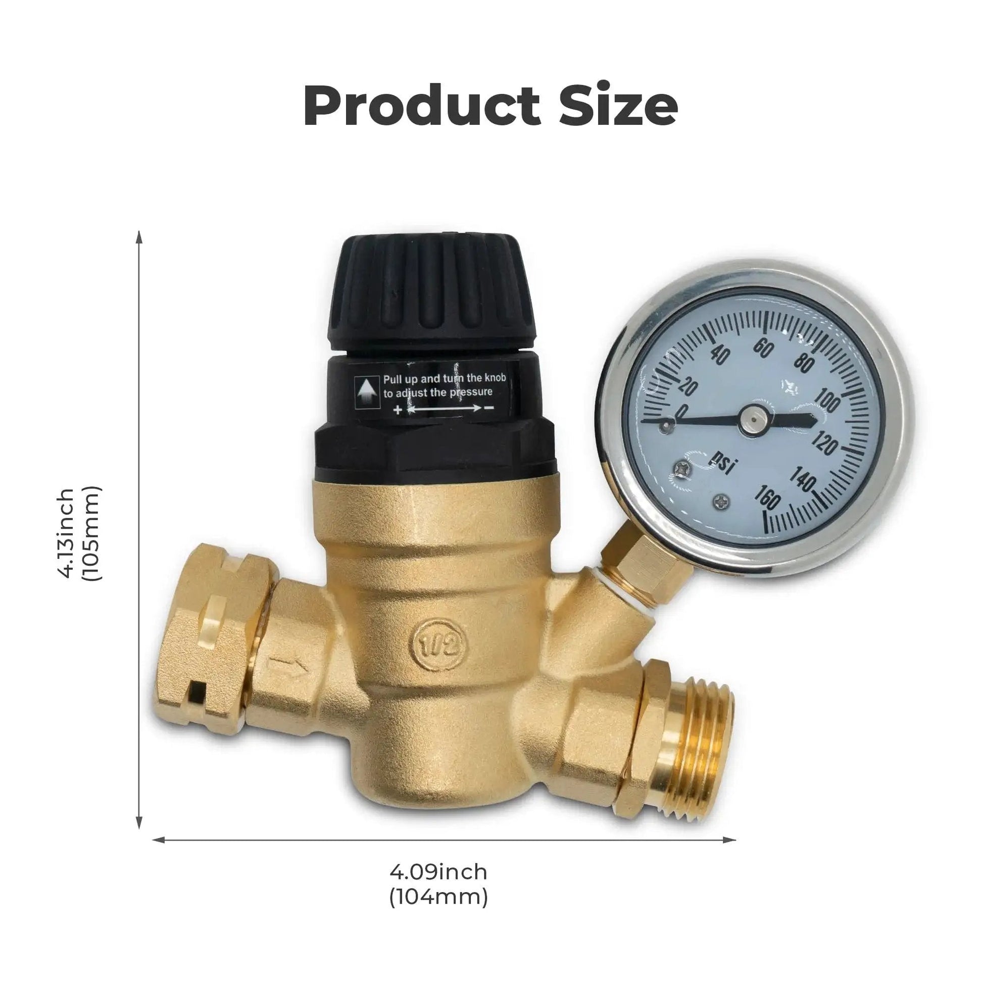 Adjustable Tool Free Water Pressure Regulator Valve with Gauge, brass body, dimensions labeled, for RVs and campers