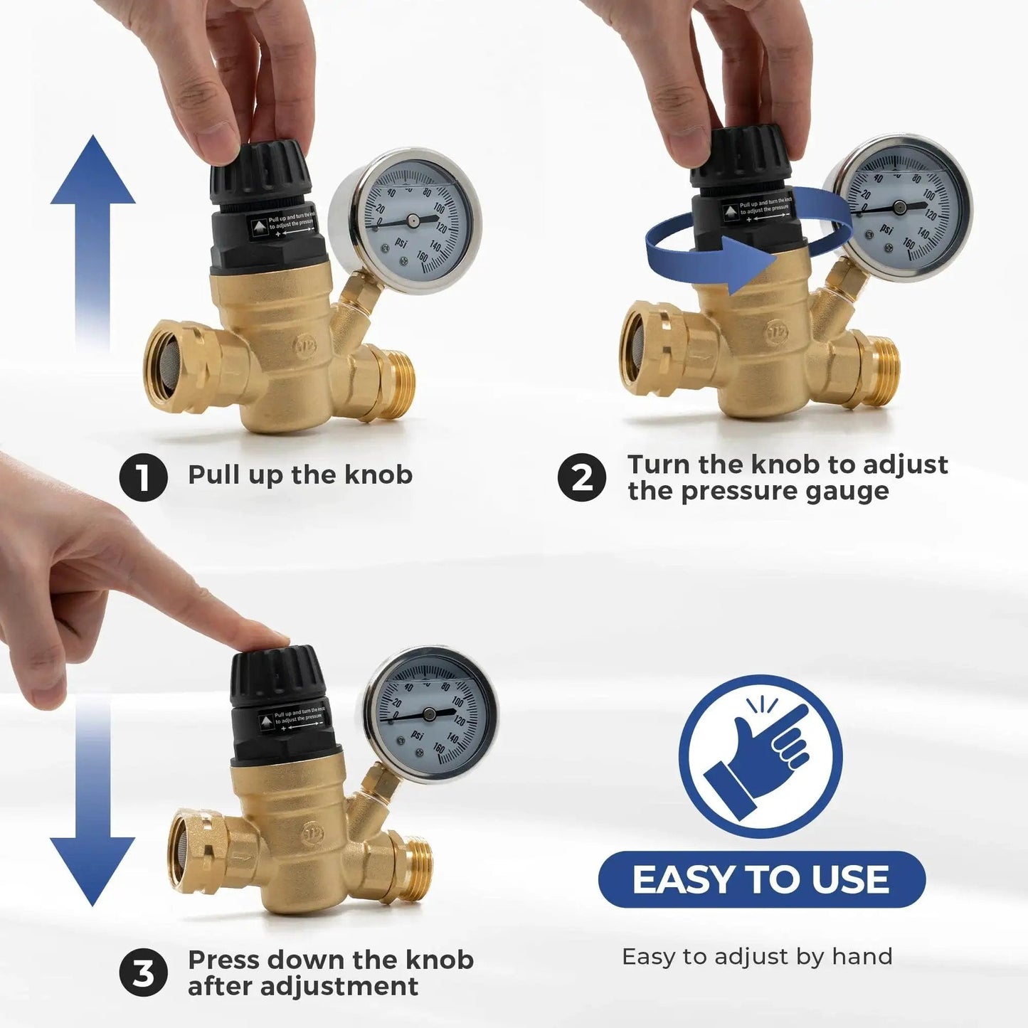 Demonstration of Adjustable Tool Free Water Pressure Regulator Valve With Gauge for RVs, showing how to use the pull-up knob for pressure adjustment.