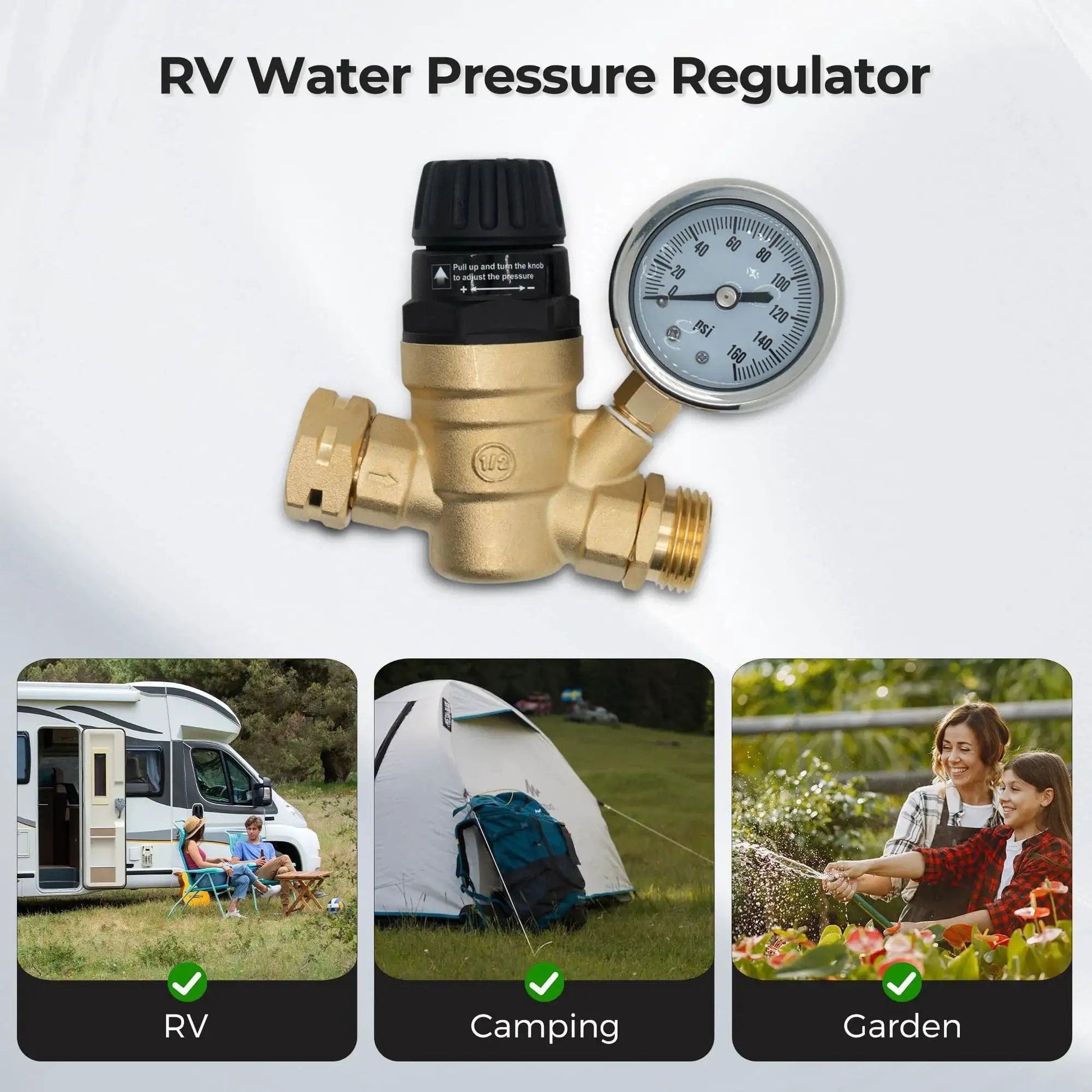 Adjustable Tool Free Water Pressure Regulator Valve With Gauge for RVs, Campers, Travel Trailers, 3/4 Inch NH Thread, Brass Lead Free