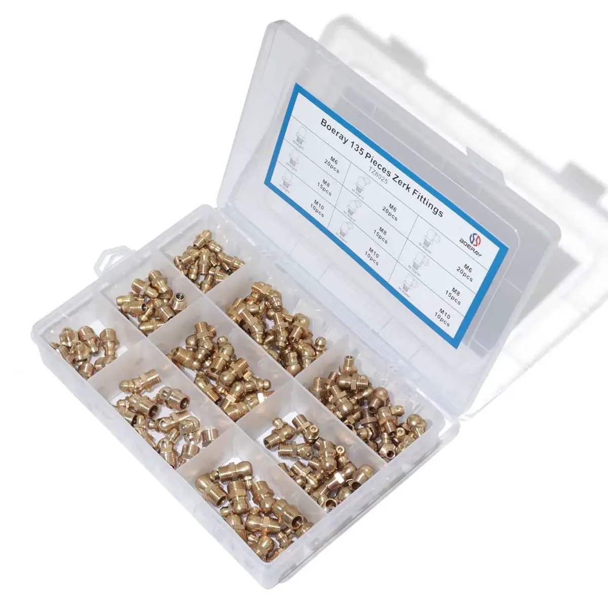 Brass Zerk Grease Fitting Kit Set 135 Pieces For M6 M8 M10 Includes Straight 90 Degree And 45 Degree Angles With Storage Box