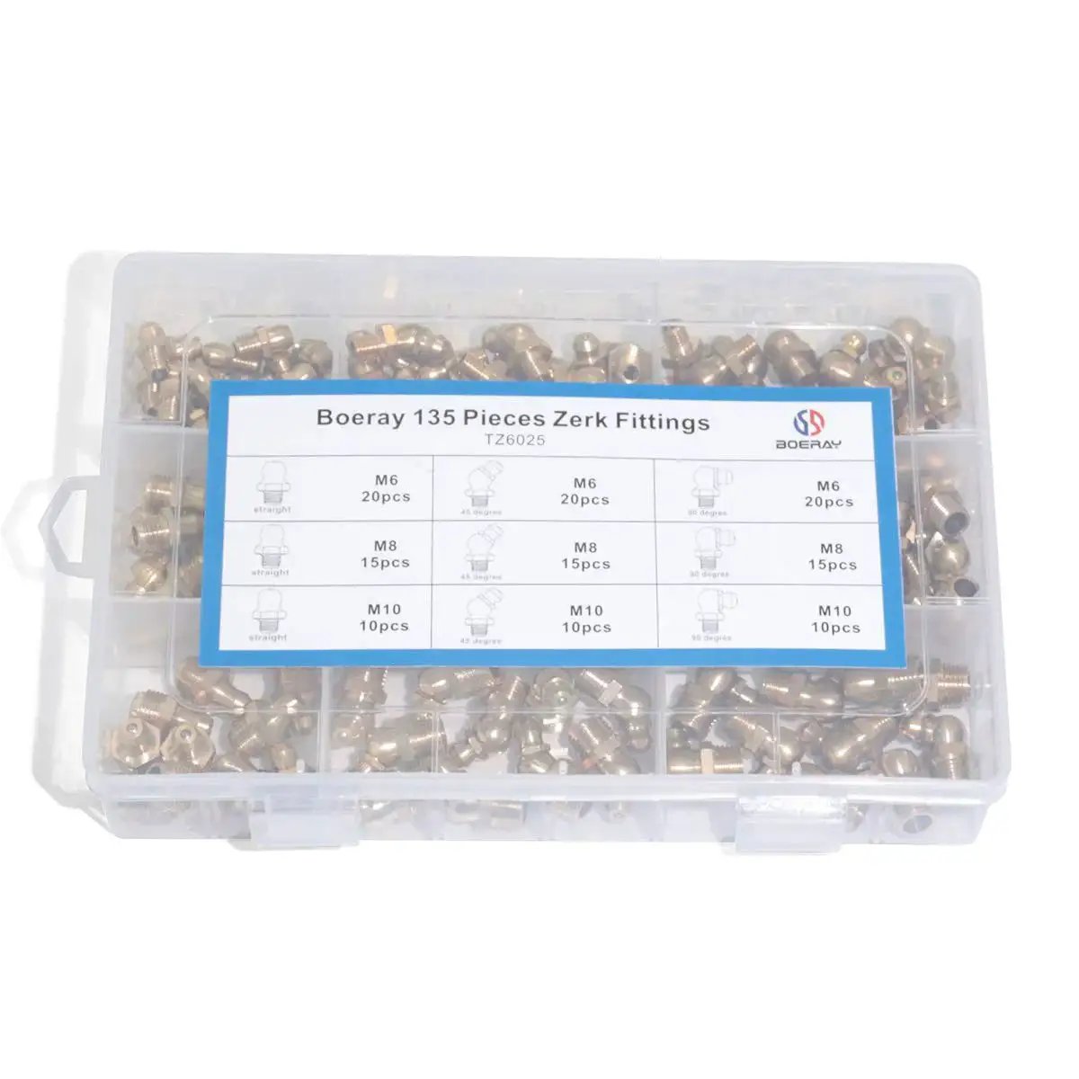 Brass Zerk Grease Fitting Kit Set 135 Pieces For M6 M8 M10 with storage box showing various fittings and angles