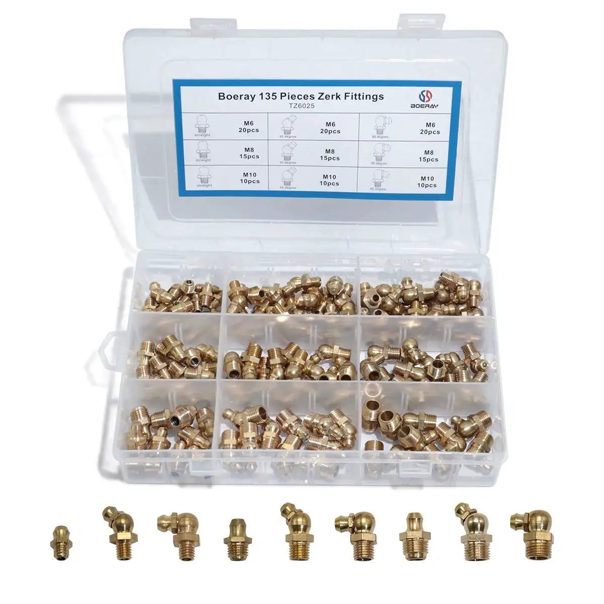 Brass Zerk Grease Fitting Kit Set 135 Pieces For M6 M8 M10 in plastic storage box with straight, 90 and 45 degree angles visible