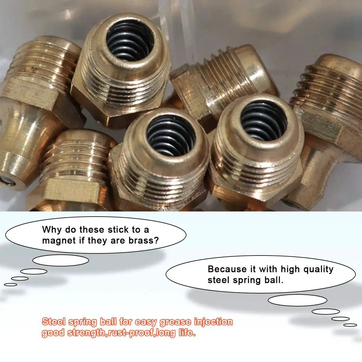 Close-up of Brass Zerk Grease Fitting Kit Set 135 Pieces For M6 M8 M10 Includes Straight 90 Degree And 45 Degree Angles