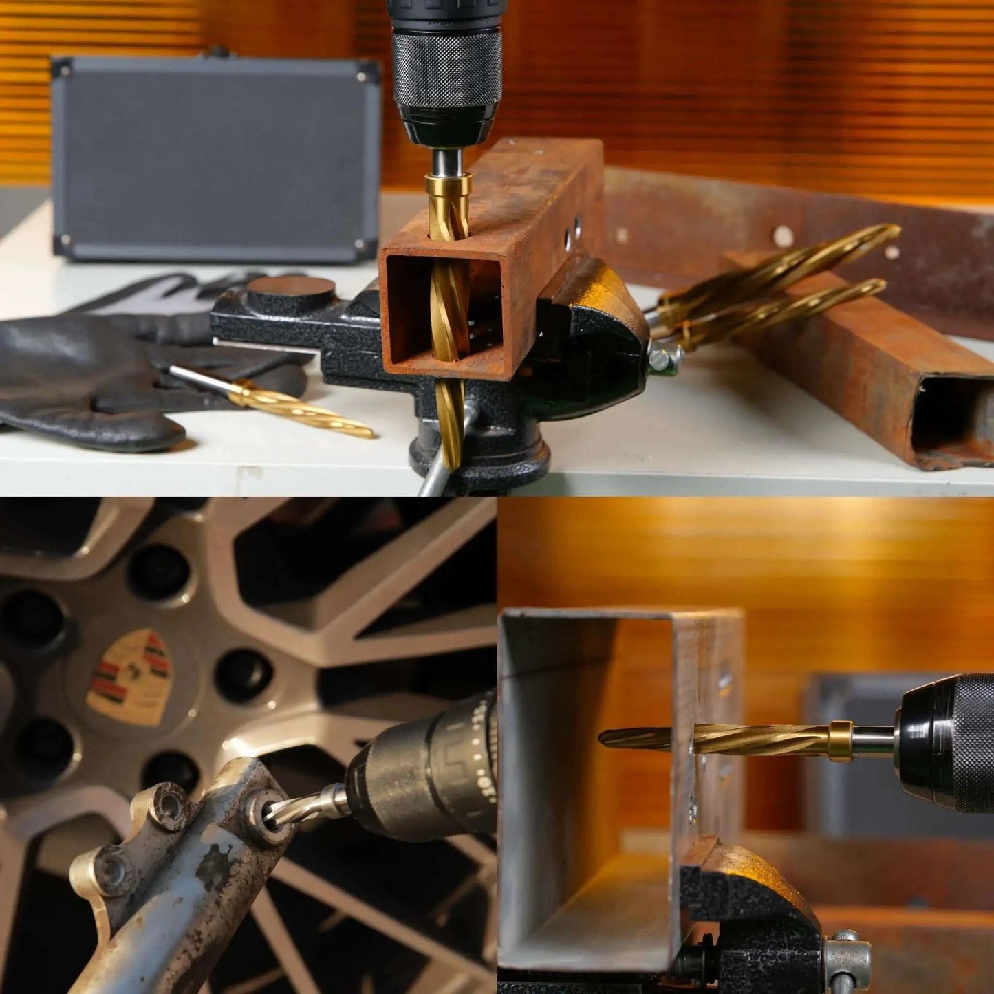Four Piece Bridge And Construction Reamer Set With M2 HSS Taper Chucking Reamers for steel aluminum wood plastic shown in use