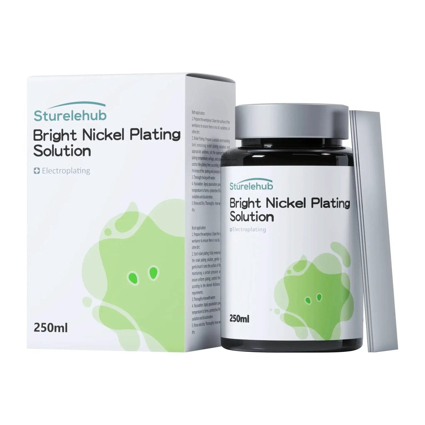 Bright Nickel Plating Solution 250ml bottle and box for electroplating, offering excellent corrosion resistance, high hardness, and electrical conductivity.