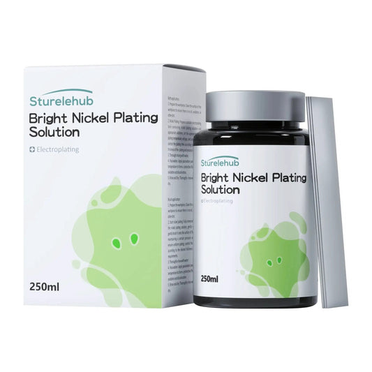 Bright Nickel Plating Solution 250ml bottle and box for electroplating, offering excellent corrosion resistance, high hardness, and electrical conductivity.