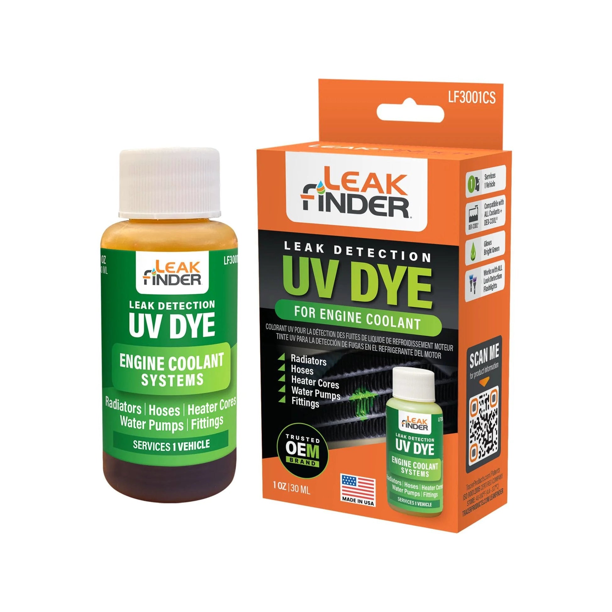 Bright Ultraviolet Automotive Leak Detection Dye For Radiators Hoses Heater Cores And Water Pumps 1Oz Fluorescent Dye Bottle Made In USA By LeakFinder TRACER PRODUCTS in green bottle with box.