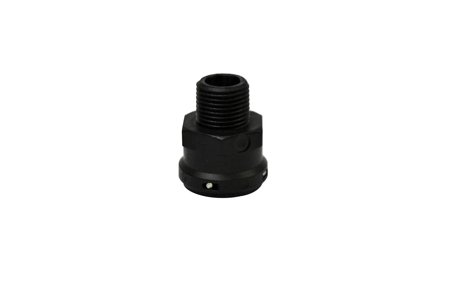Universal Broadcast Sprayer Pressure Regulator With Quick Connect Bypass Port adapter for 12 Volt diaphragm pumps, black, close-up.