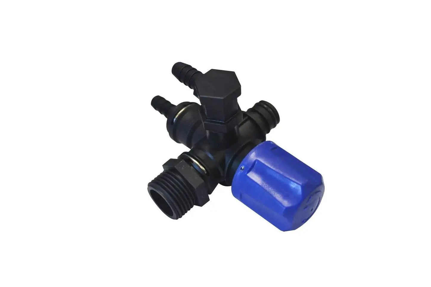 Universal Broadcast Sprayer Pressure Regulator With Quick Connect Bypass Port, showing three handy ports and blue cap