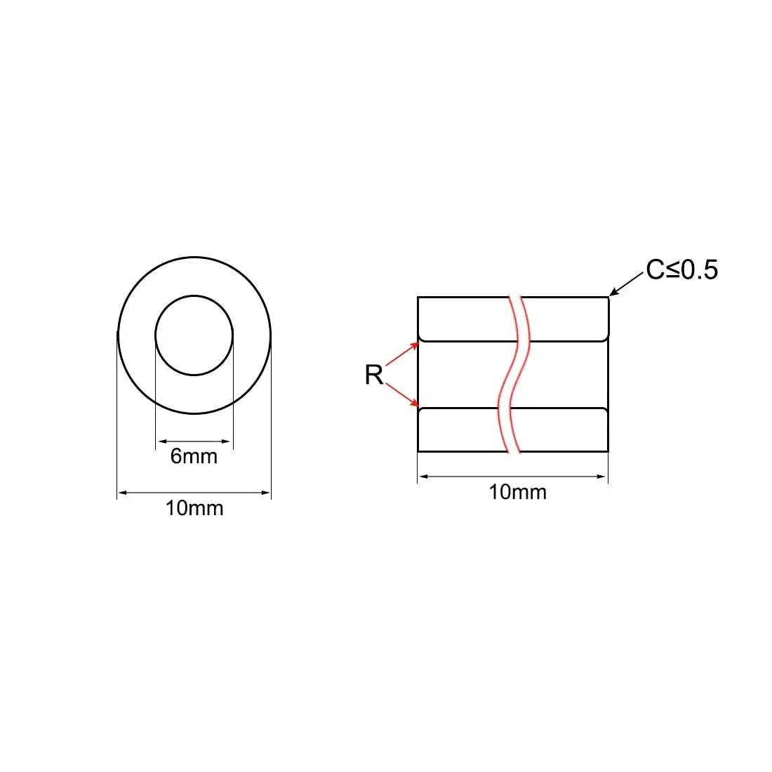 Technical diagram of Self Lubricating Sintered Bronze Bearing Sleeve 6mm Bore 10mm Outer Diameter 10mm Length with dimensional measurements.