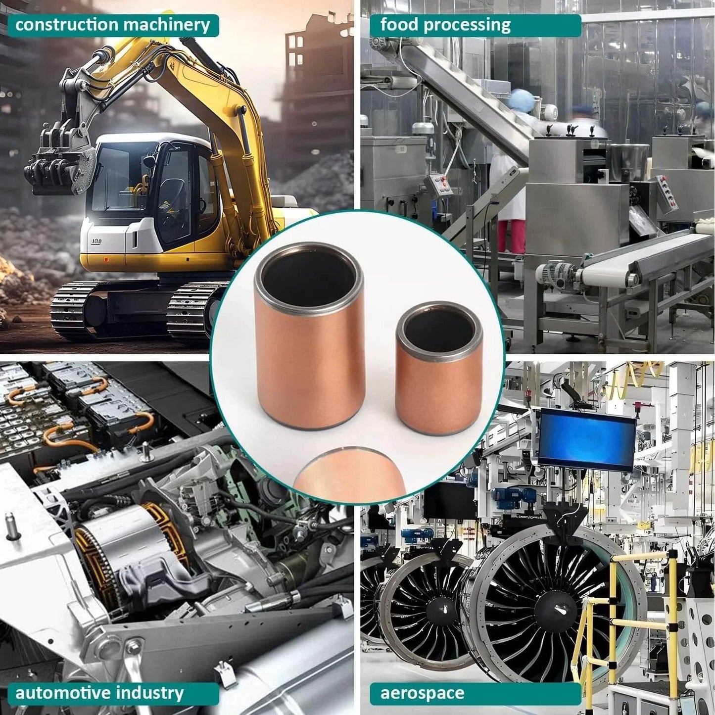 Image of oilless self-lubricating bronze bushings used in construction machinery, food processing, automotive, and aerospace industries.