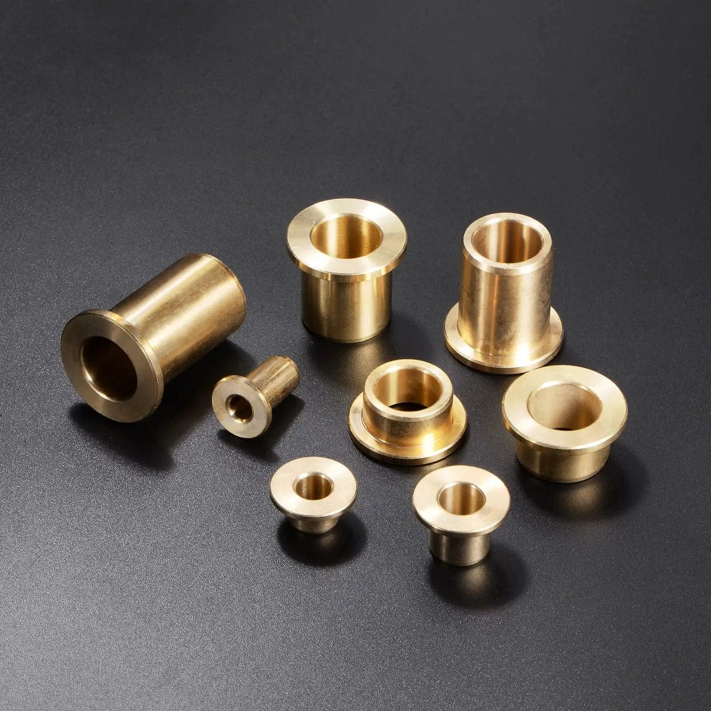 2 Pack Bronze Flange Bearing Sleeve Self Lubricating Bushing For Industrial Equipment, multiple angles, on black background.