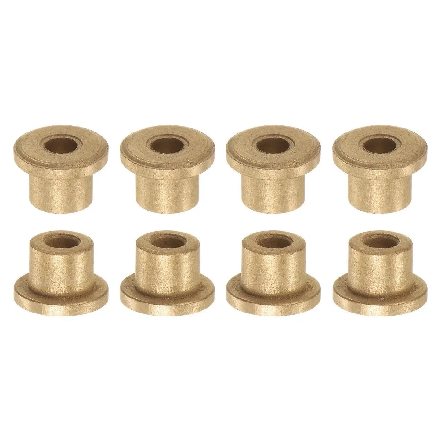 Self Lubricating Bronze Flange Bearing Sleeve Kit 8 Piece 4mm Bore 8mm OD shown in a row