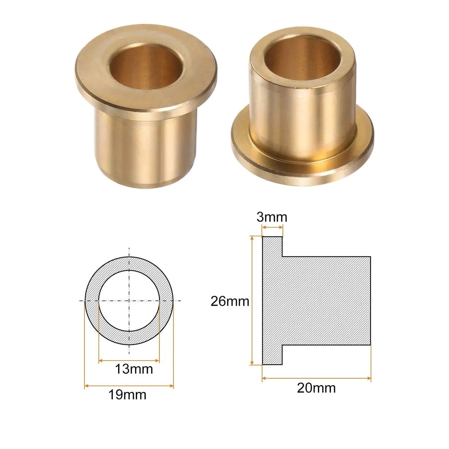 2 Pack Bronze Flange Bearing Sleeve Self Lubricating Bushing For Industrial Equipment, showing dimensions and design, 13mm bore.