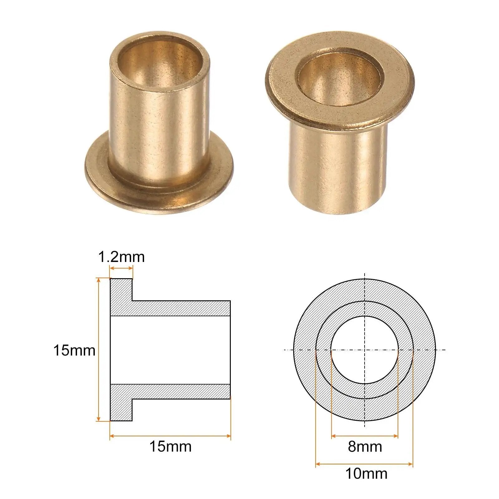 2 Pieces Flange Bearing Sleeve Bronze Self Lubricating 8mm Bore 10mm OD 15mm Length Flange Diameter 15mm Diagram View