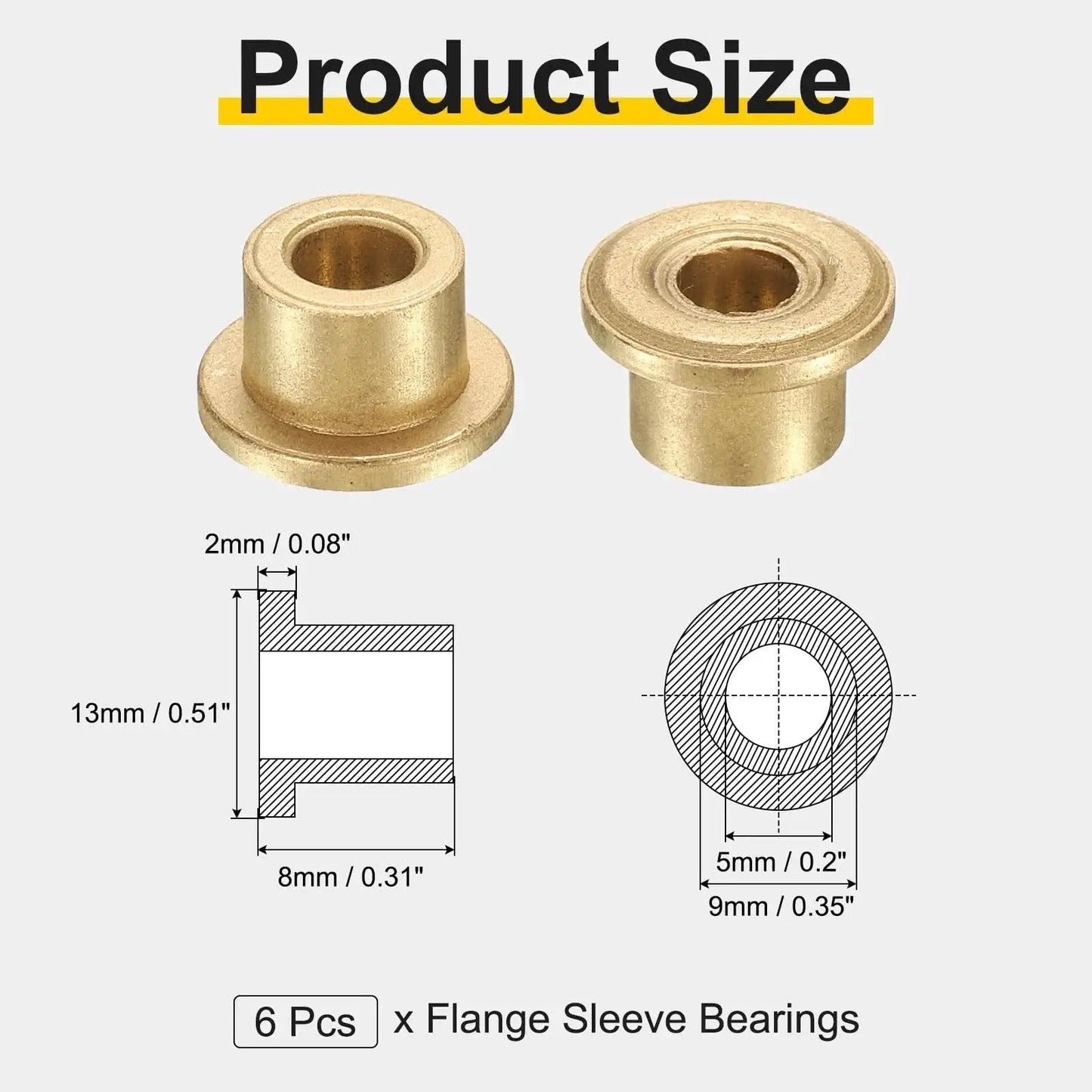 Six Pack Flange Sleeve Bearings 5mm Bore 9mm OD 8mm Length Self Lubricating Sintered Bronze Bushings With 13mm Flange Diameter