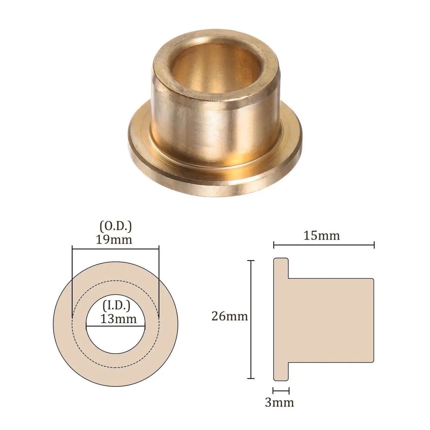 Bronze Flange Bearing Sleeve 13mm Bore 19mm Outer Diameter 15mm Flange Thickness Self Lubricating Bushing for machines with diagram