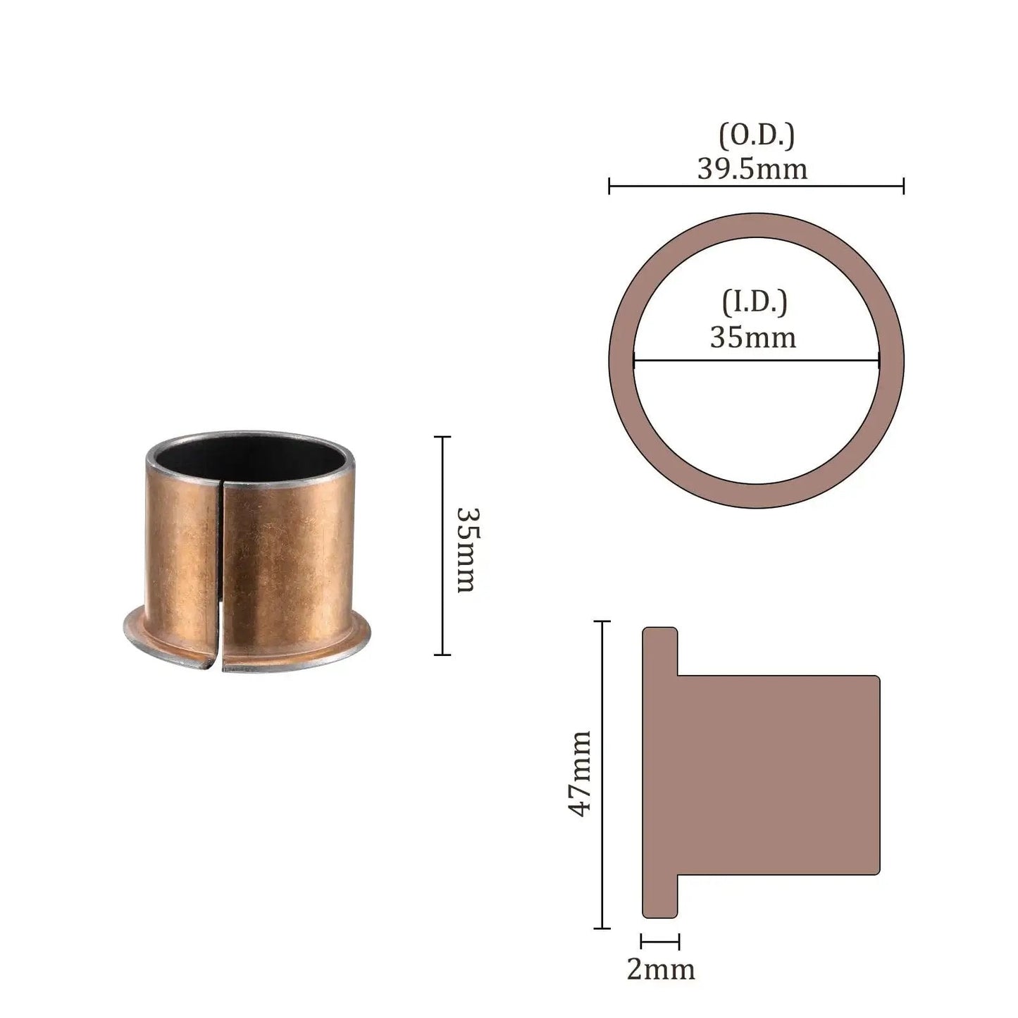 Flange Sleeve Bearing 35mm Bore 39.5mm Outside Diameter 35mm Length 47mm Flange Diameter 2mm Flange Thickness Bronze Sintered