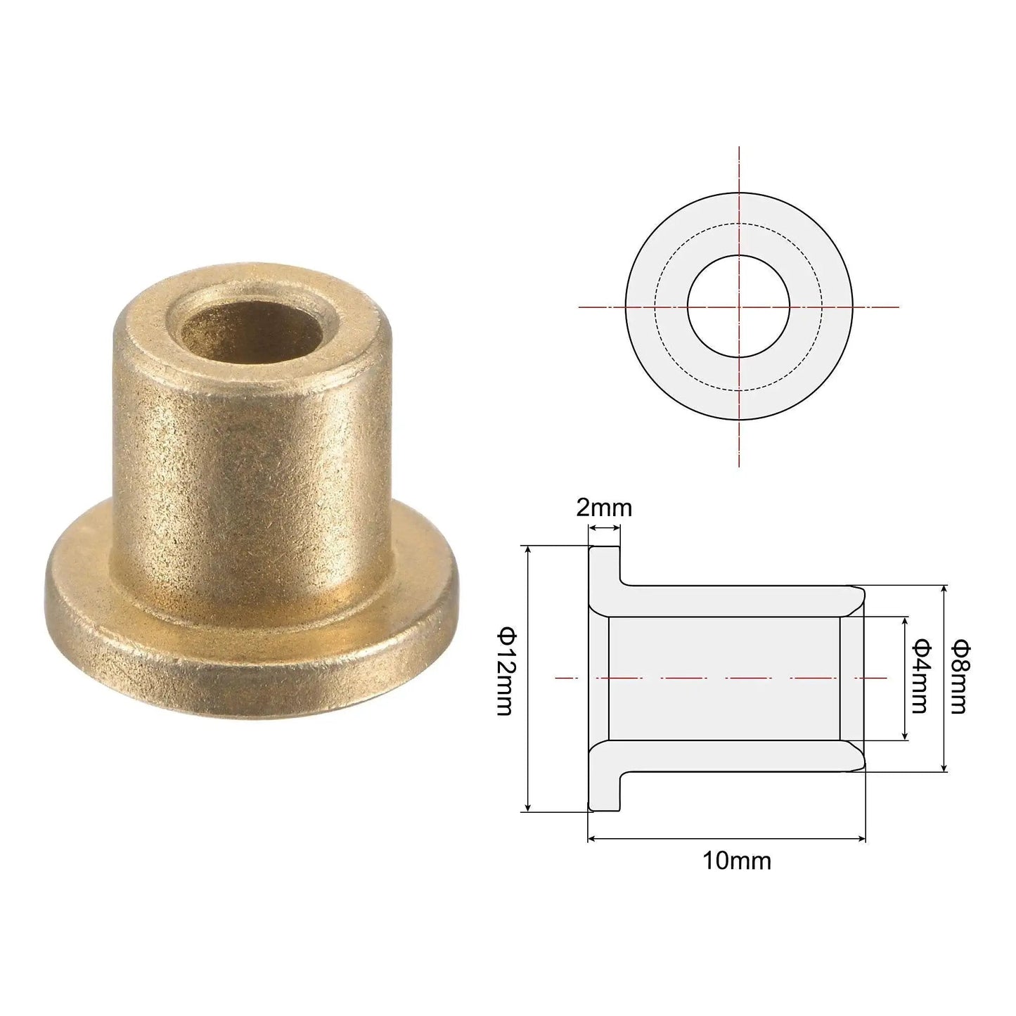 Flange Sleeve Bearing 4mm Bore 8mm OD 10mm Length 12mm Flange Diameter 2mm Thickness; bronze bushing with technical drawing