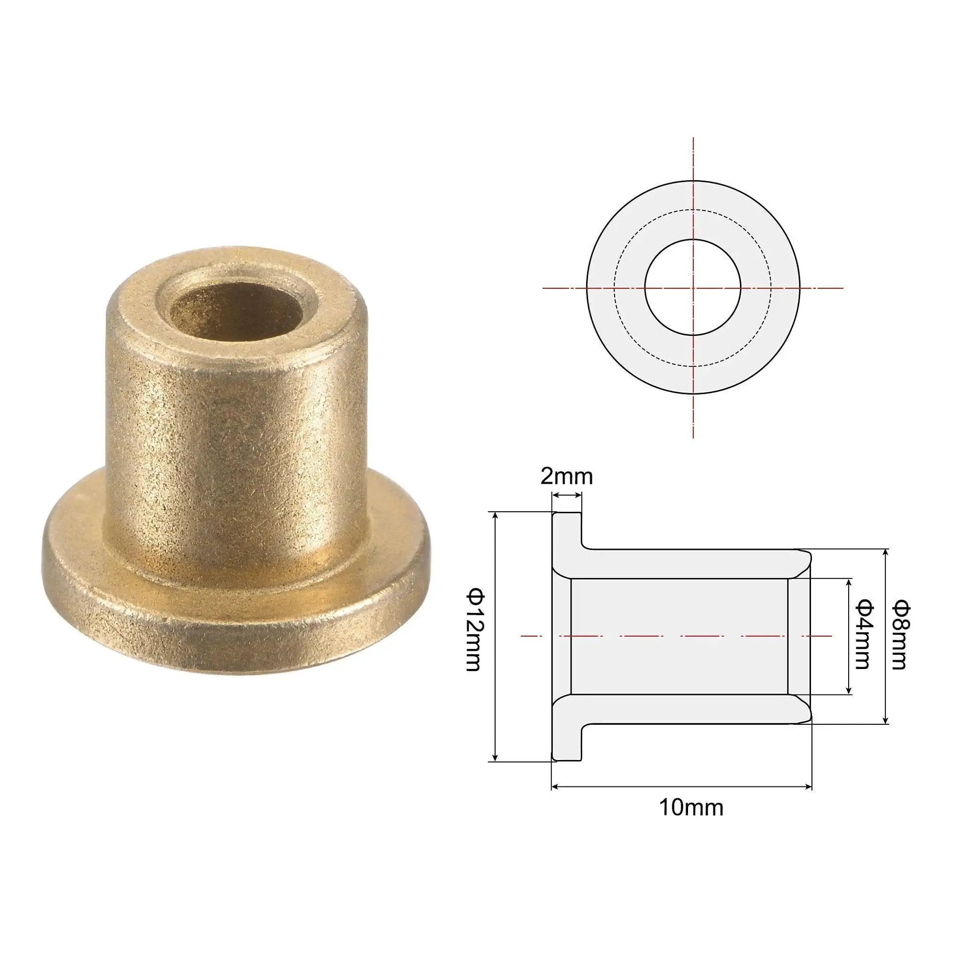 Flange Sleeve Bearing 4mm Bore 8mm OD 10mm Length 12mm Flange Diameter 2mm Thickness; bronze bushing with technical drawing